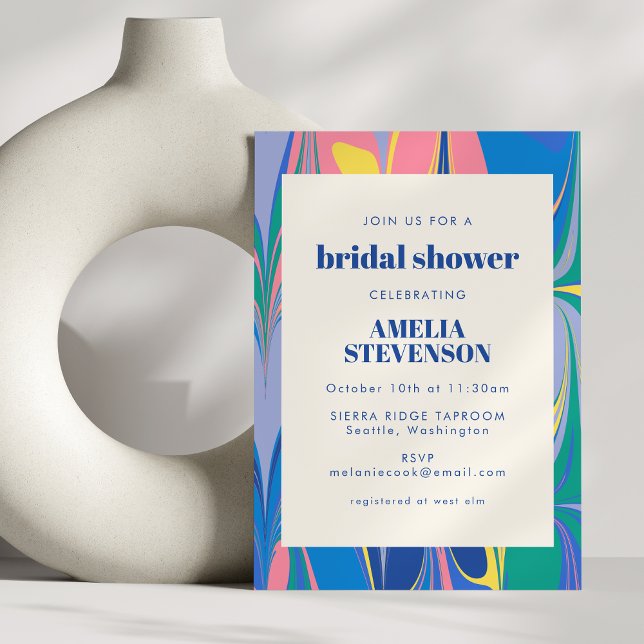Colorful Abstract Marble Blue Pink Bridal Shower Invitation (Creator Uploaded)