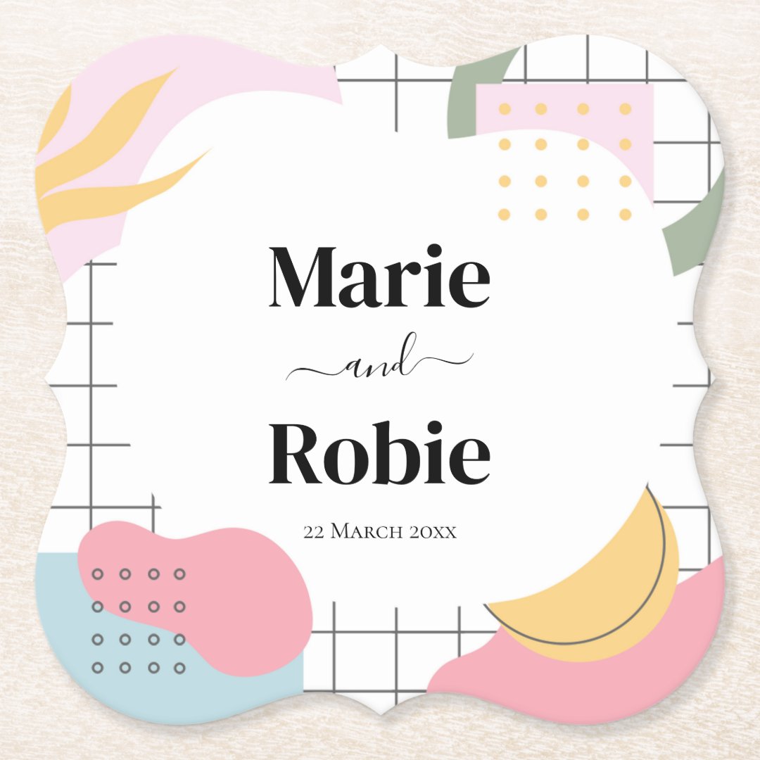 Colorful Abstract Memphis Wedding Paper Coaster