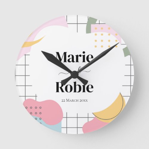 Colorful Abstract Memphis Wedding Round Clock