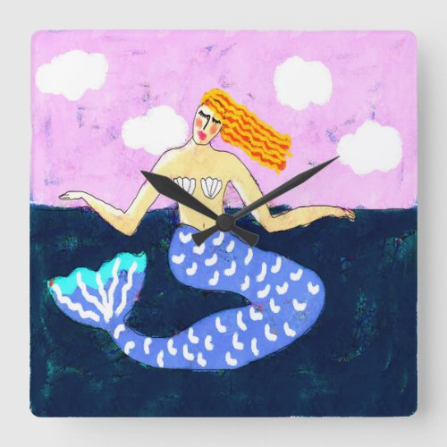 Colorful Abstract Mermaid Art Square Wall Clock