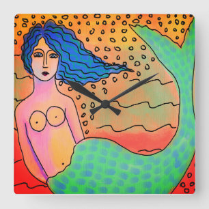 Colorful Abstract Mermaid Art Square Wall Clock