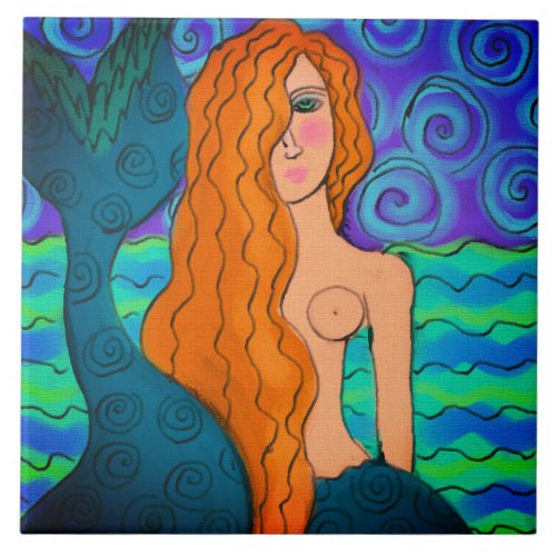 Colorful Abstract Mermaid Digital Painting Ceramic Tile