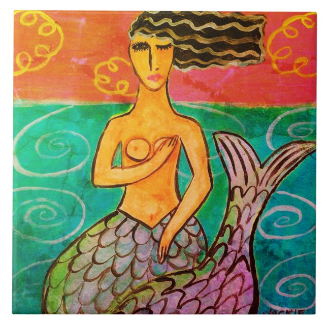 Colorful Abstract Mermaid Painting Ceramic Tile (Front)