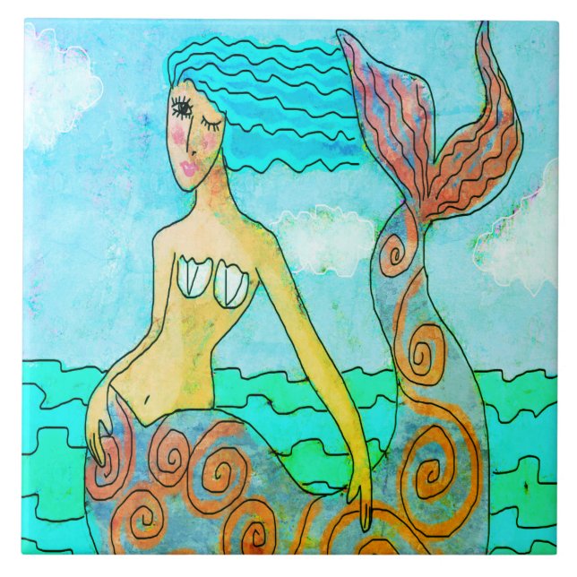 Colorful Abstract Mermaid Painting Ceramic Tile (Front)