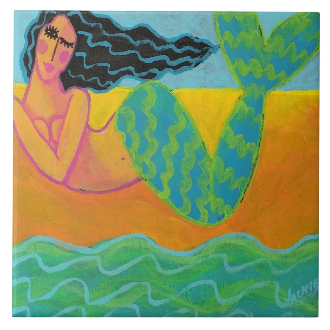 Colorful Abstract Mermaid Painting Ceramic Tile (Front)
