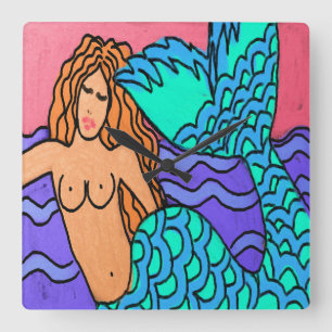Colorful Abstract Mermaid Painting Square Wall Clo Clock