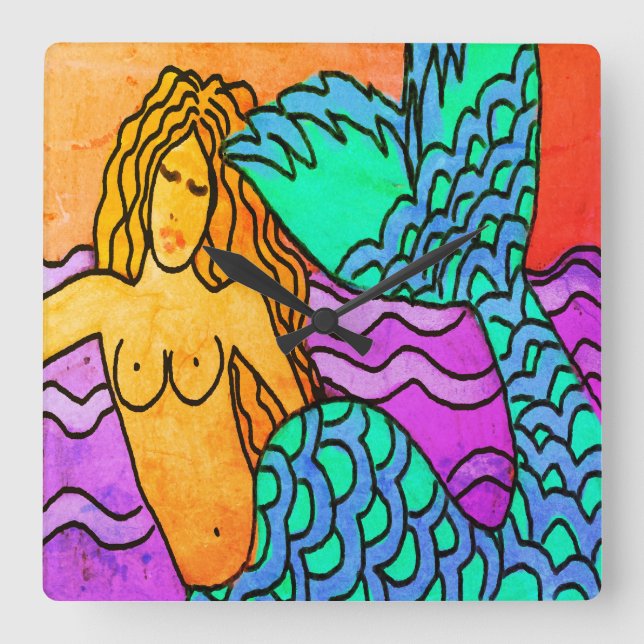 Colorful Abstract Mermaid Painting Square Wall Clock (Front)