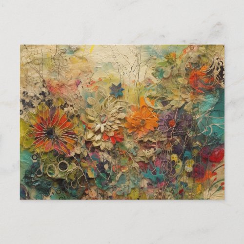 Colorful Abstract Mixed Media Floral Collage Postcard