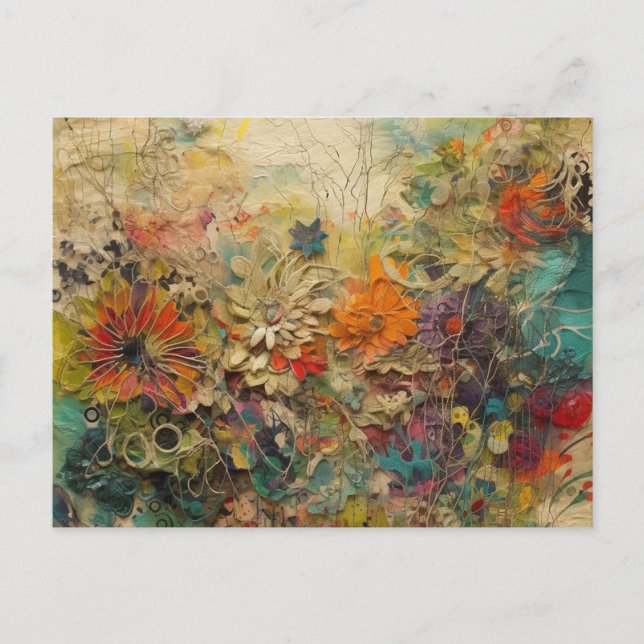 Colorful Abstract Mixed Media Floral Collage Postcard (Front)