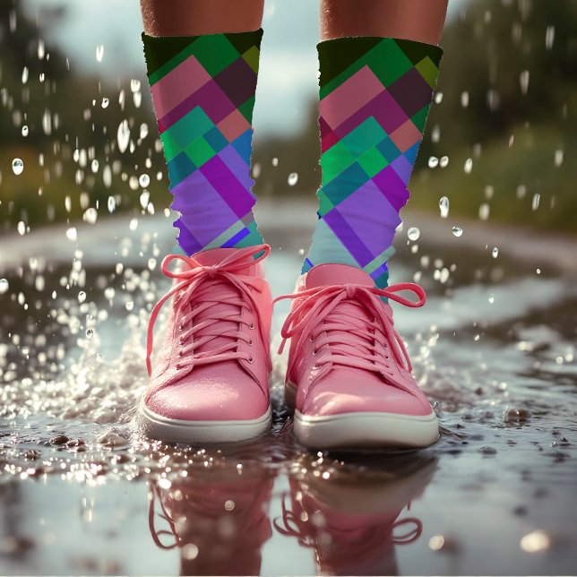    Colorful Abstract Modern Green Purple Geometric Socks (Creator Uploaded)