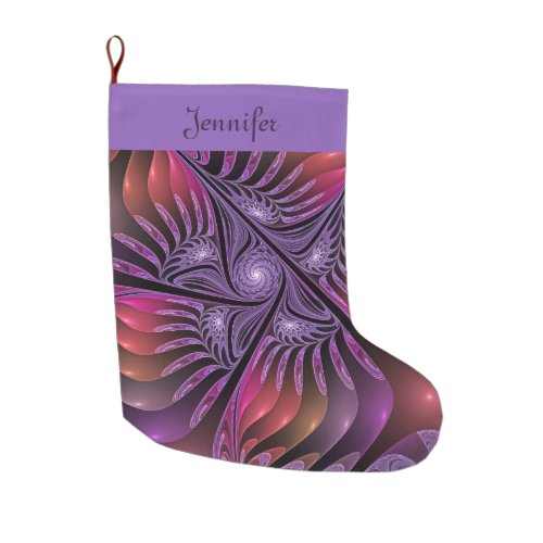 Colorful Abstract Modern Purple Fractal Name Large Christmas Stocking