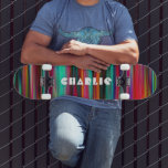 Colorful Abstract Modern Stripes Custom Name Skateboard<br><div class="desc">Colorful Abstract Modern Stripes Custom Name Skateboard features your personalized name in modern typography on a colorful striped background. Personalize by editing the text in the text box provided. Give a custom made gift, personalized skateboard to your favorite skateboarder for Christmas, birthday or your BFF. Designed by ©Evco Studio www.zazzle.com/store/evcostudio...</div>