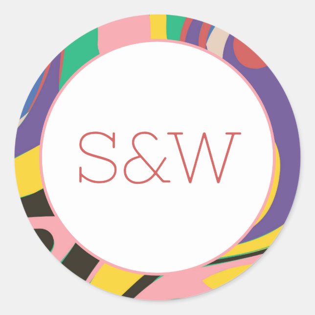 Colorful Abstract Monogram Wedding Classic Round Sticker (Front)