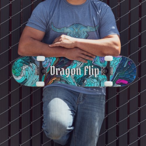 Colorful Abstract Mosaic Dragon Scales With Text Skateboard