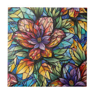 Colorful Abstract Mosaic Flower and Leaves Ceramic Tile