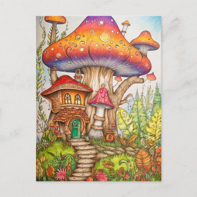 Colorful Abstract Mushroom House Illustration Postcard (Front)