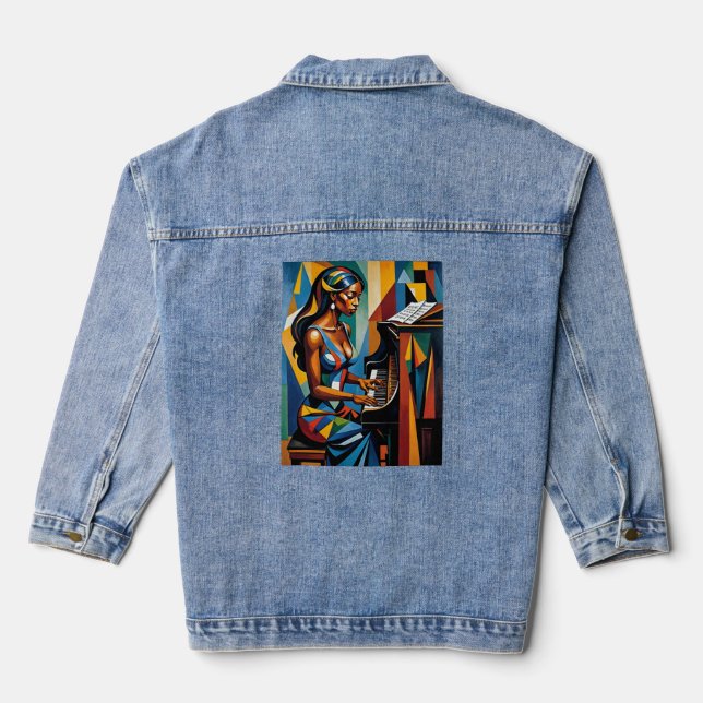 Colorful Abstract Musician Playing Piano t-shirt Denim Jacket (Back)
