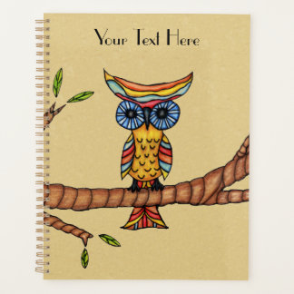 Colorful Abstract Owl Blue Eyes on Branch Tan Planner
