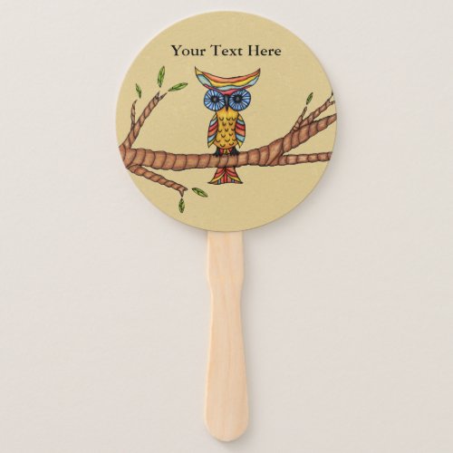 Colorful Abstract Owl Blue eyes on Tree Branch Tan Hand Fan