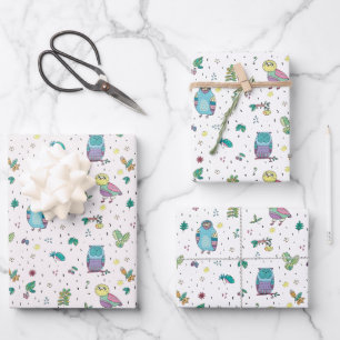 Colorful Abstract Owls Ferns Flowers Wrapping Paper Sheets