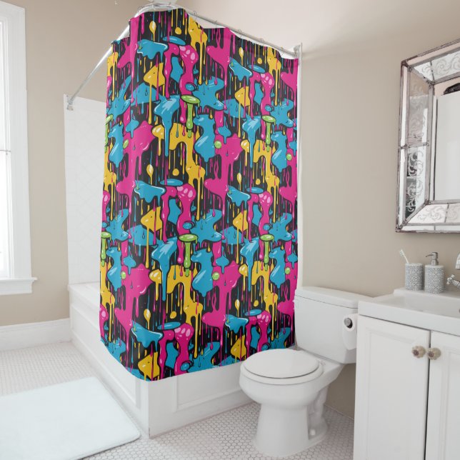 Colorful Abstract Paint Drips (1) Shower Curtain (In Situ)