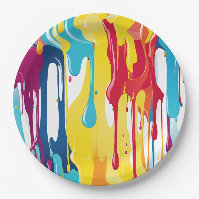 Colorful Abstract Paint Drips (3) Paper Plates (Front)