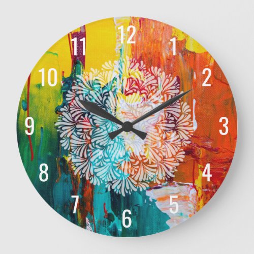 Colorful Abstract Painting with Petals Mandala Large Clock