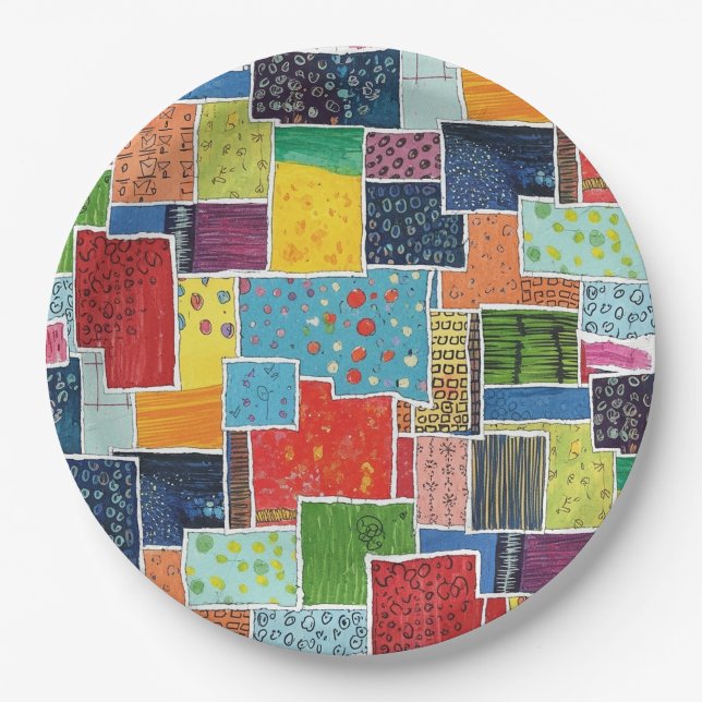 Colorful Abstract Patchwork Pattern Paper Plates (Front)