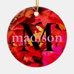 Colorful abstract pink red orange Autumn Leaves Ceramic Ornament
