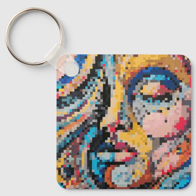 Colorful abstract pixel face keychain (Front)