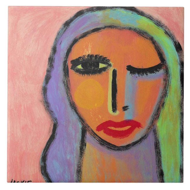 Colorful Abstract Portrait of a Woman Ceramic Tile (Front)