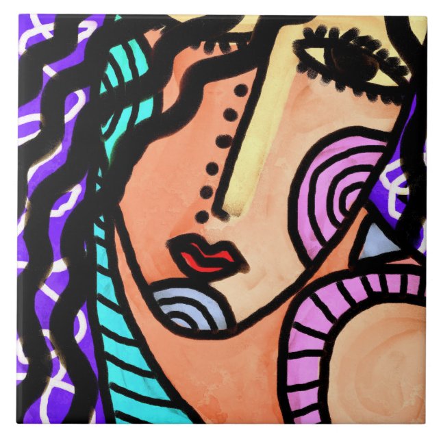 Colorful Abstract Portrait of a Woman Ceramic Tile (Front)