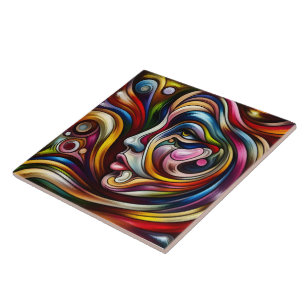 Colorful Abstract Portrait With Dynamic Swirls Ceramic Tile