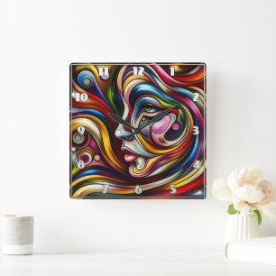 Colorful Abstract Portrait With Dynamic Swirls Square Wall Clock