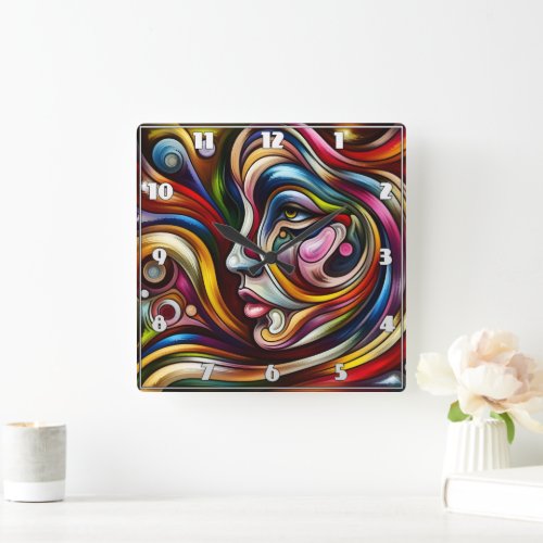 Colorful Abstract Portrait With Dynamic Swirls Square Wall Clock