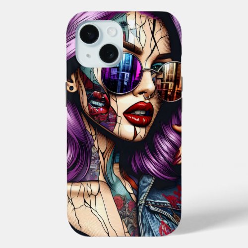 Colorful Abstract Pretty Lady with Purple Hair iPhone 15 Case
