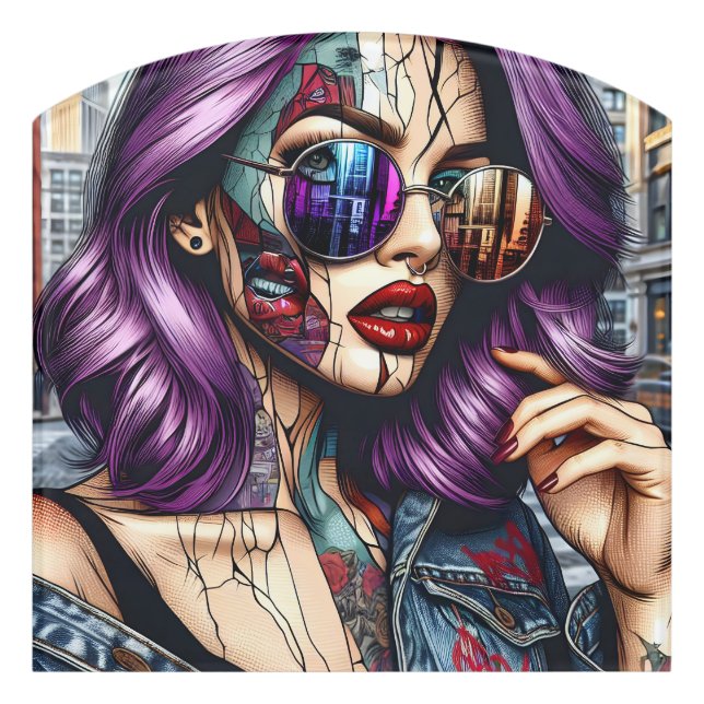 Colorful Abstract Pretty Lady with Purple Hair Door Sign (Contour Front)
