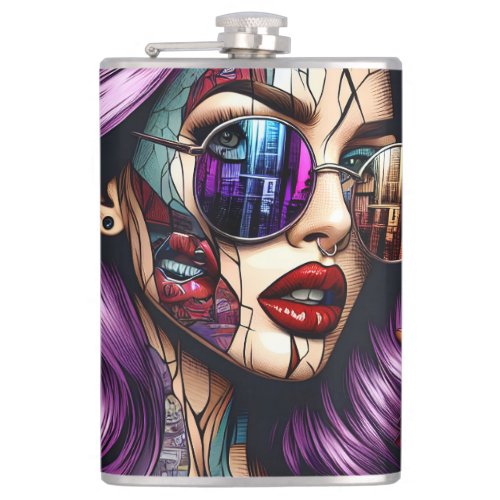 Colorful Abstract Pretty Lady with Purple Hair Flask