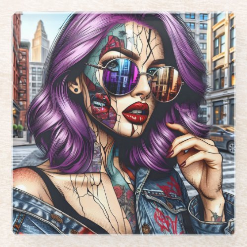 Colorful Abstract Pretty Lady with Purple Hair Glass Coaster