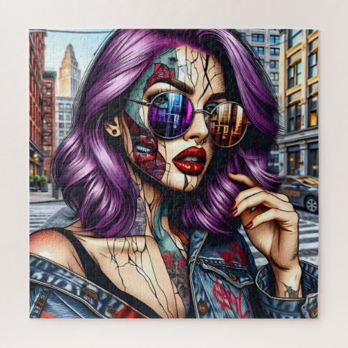 Colorful Abstract Pretty Lady with Purple Hair Jigsaw Puzzle