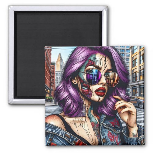 Colorful Abstract Pretty Lady with Purple Hair Magnet