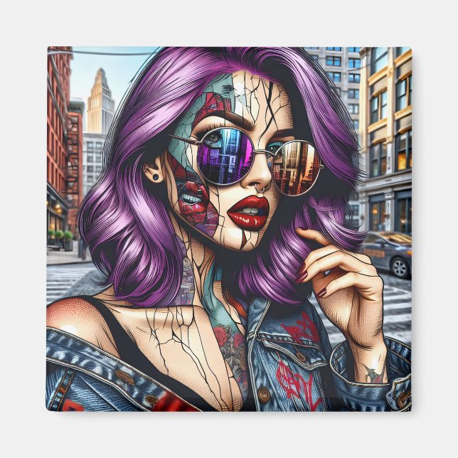 Colorful Abstract Pretty Lady with Purple Hair Magnet (Front)