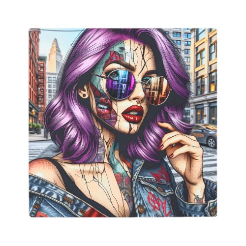 Colorful Abstract Pretty Lady with Purple Hair Metal Print