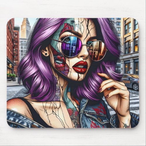 Colorful Abstract Pretty Lady with Purple Hair Mouse Pad