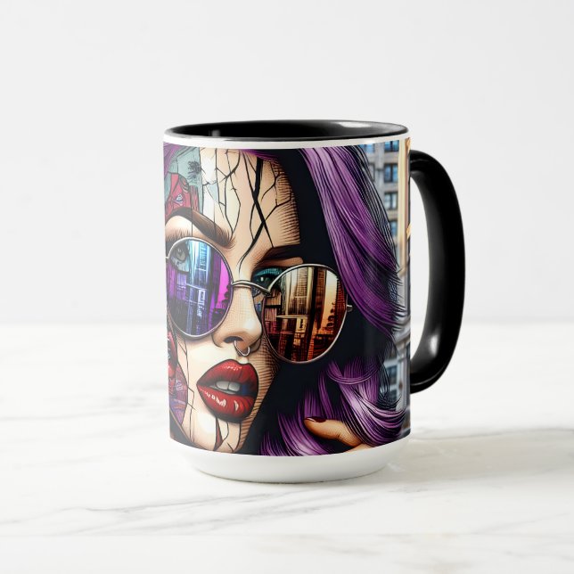 Colorful Abstract Pretty Lady with Purple Hair Mug (Front Right)