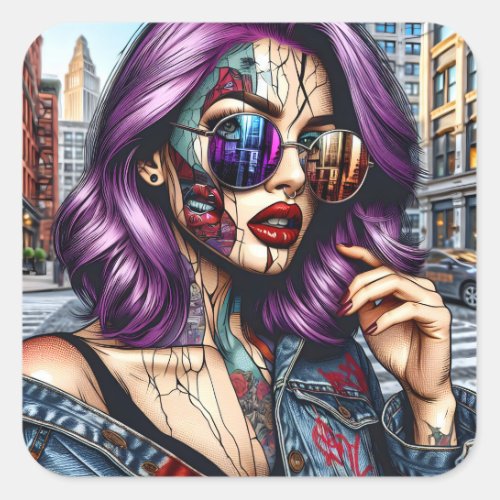 Colorful Abstract Pretty Lady with Purple Hair Square Sticker