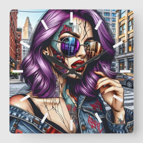 Colorful Abstract Pretty Lady with Purple Hair Square Wall Clock
