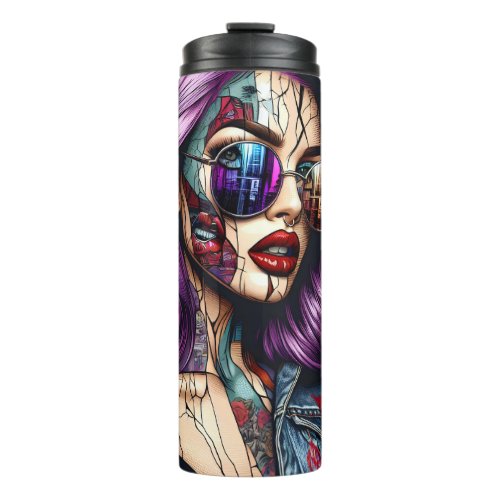 Colorful Abstract Pretty Lady with Purple Hair Thermal Tumbler