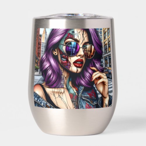 Colorful Abstract Pretty Lady with Purple Hair Thermal Wine Tumbler
