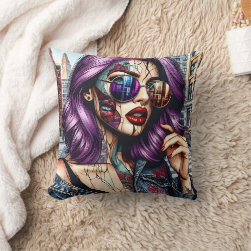 Colorful Abstract Pretty Lady with Purple Hair Throw Pillow